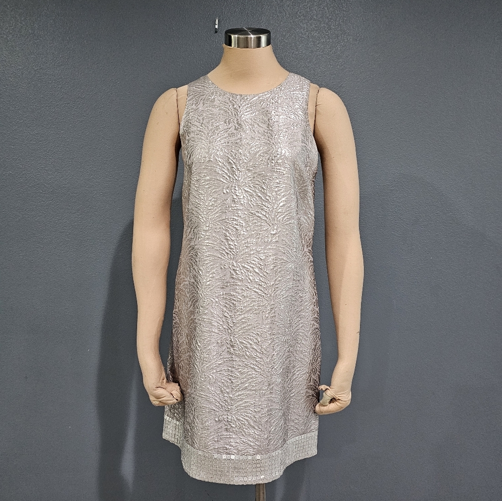 ALI RO Metallic Silver Jacquard Silk Blend Sequin Sleeveless Shift Mini Dress 6